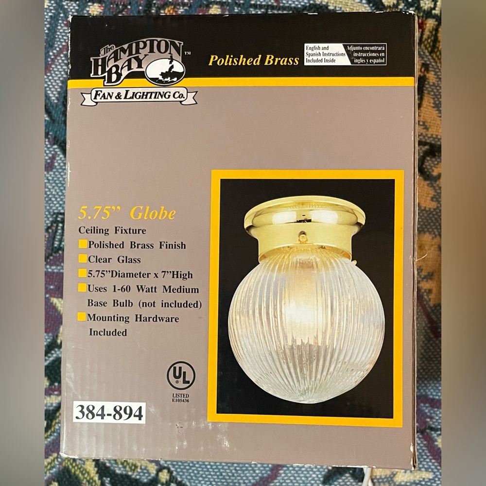 Hampton Bay Polished Brass & Glass Ceiling Fixture #384-894 Home Lighting